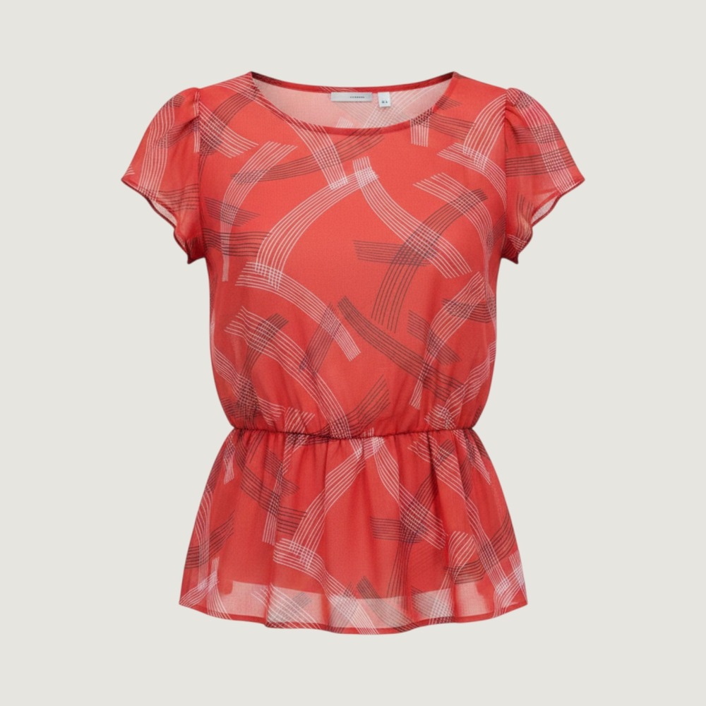 Halogen Red Geometric Linear Print Peplum Flutter Sleeve‎ Blouse Womens Medium